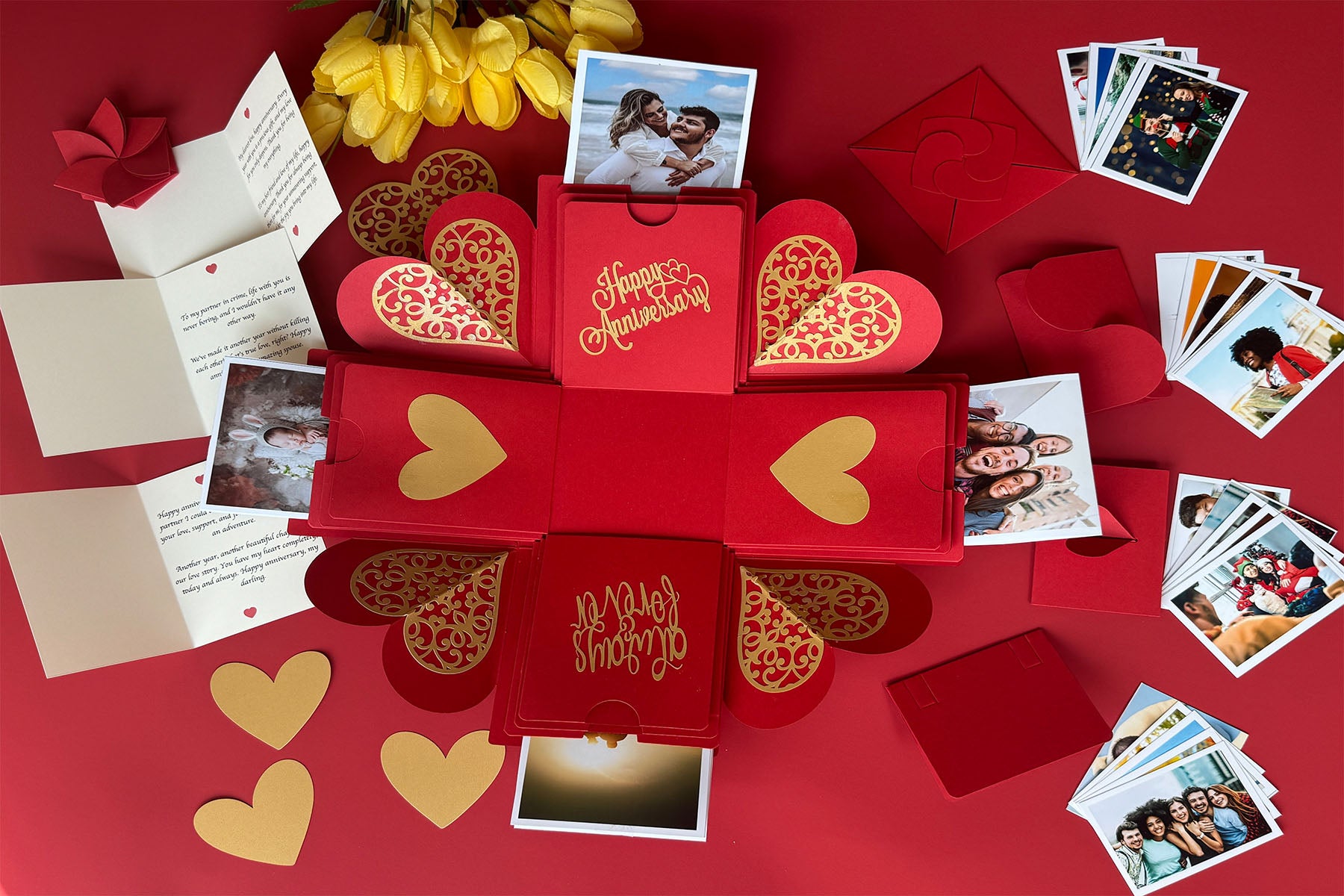 Anniversary explosion gift box with red and gold - contents displayed - top view