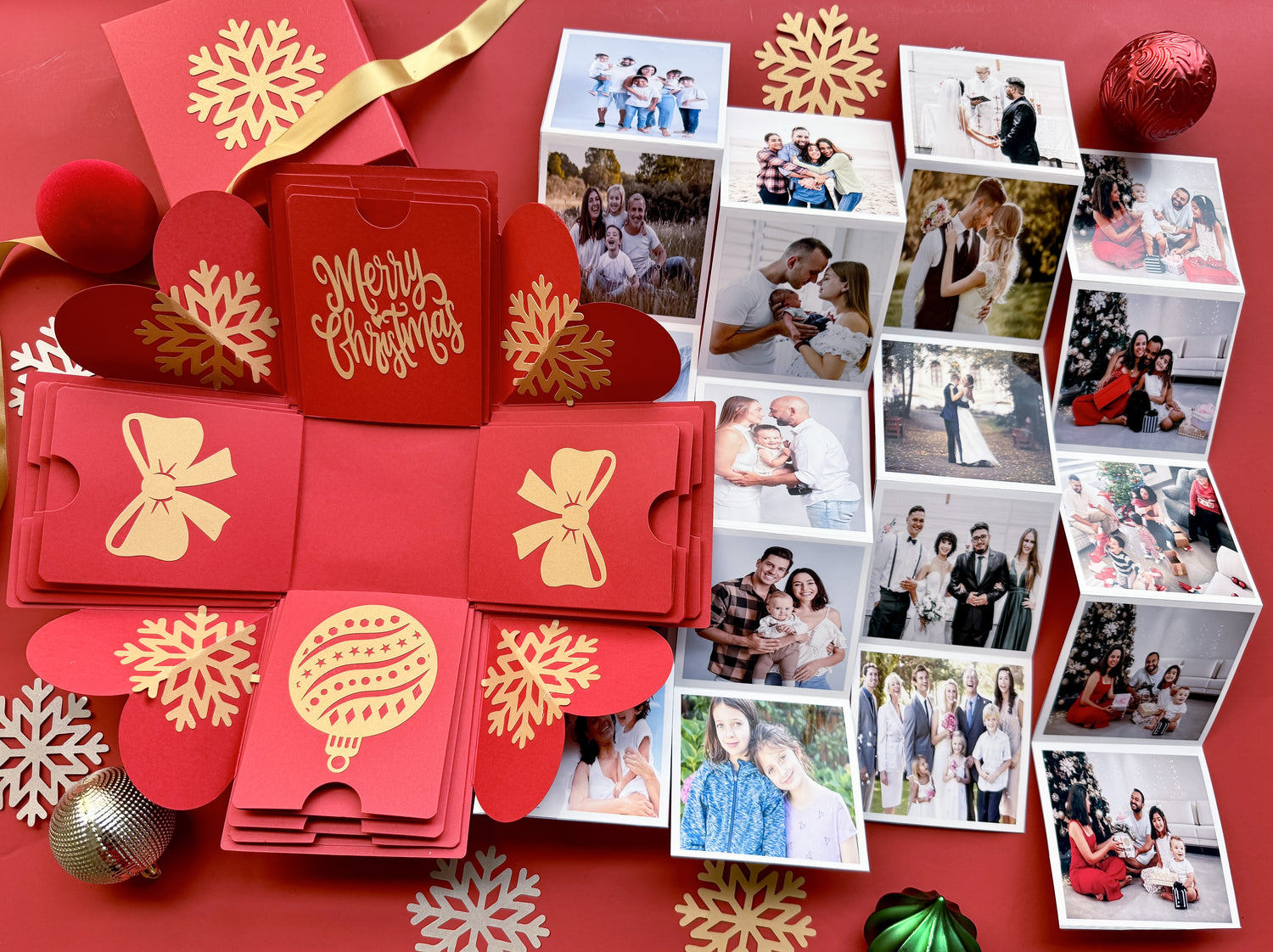 Red Christmas explosion gift box with personalized photos and holiday messages.