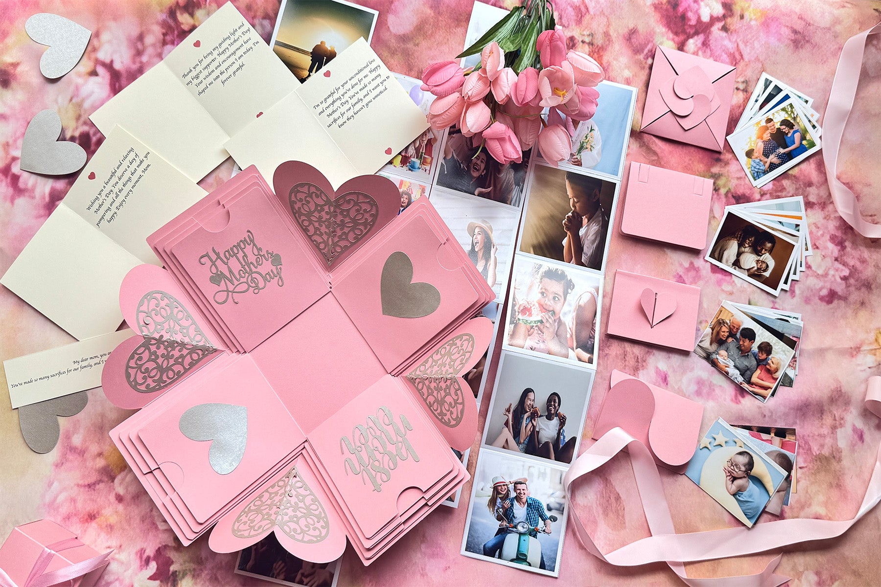 Explosion gift box for Mother's day with all the elements displayed - top view