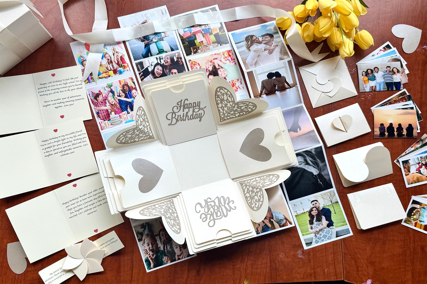 Explosion gift box for birthday in white color with all the elements displayed out - bestseller title cover - straight shot