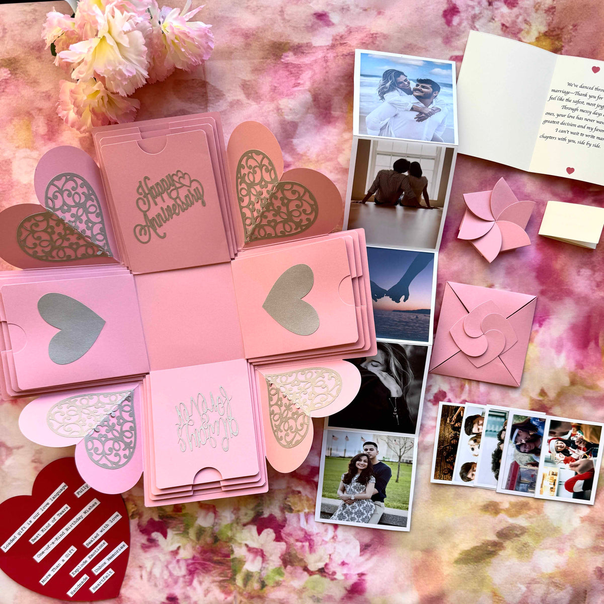 Pink Anniversary Explosion Gift Box – Mini Surprise featuring delicate folds, custom photos, and sweet love messages in a soft romantic design.