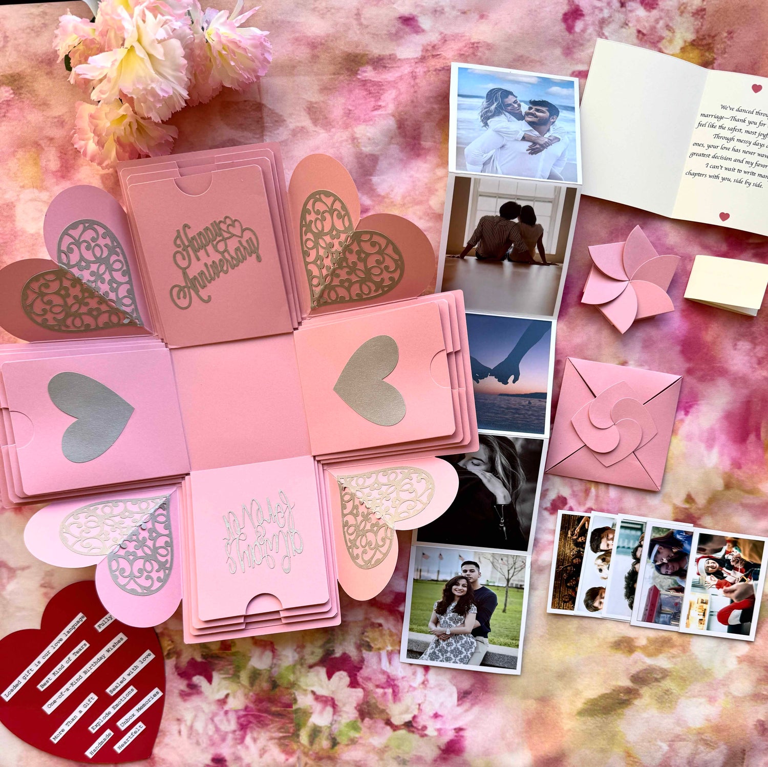 Pink Anniversary Explosion Gift Box – Mini Surprise featuring delicate folds, custom photos, and sweet love messages in a soft romantic design.
