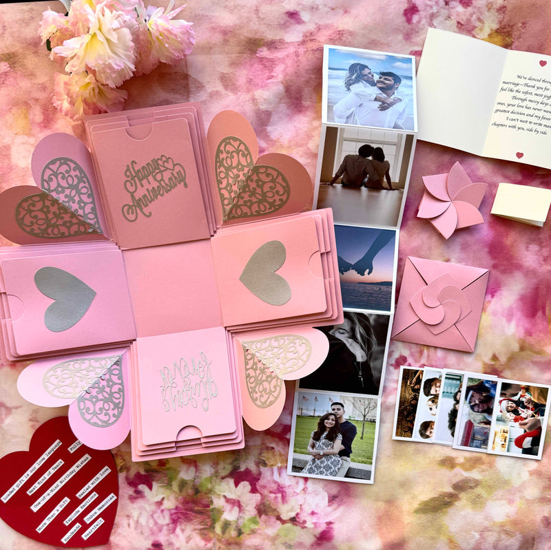 Pink Anniversary Explosion Gift Box – Mini Surprise featuring delicate folds, custom photos, and sweet love messages in a soft romantic design.