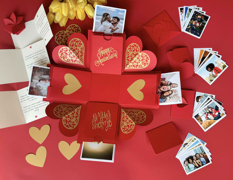 Red anniversary explosion box with the product open - Full display
