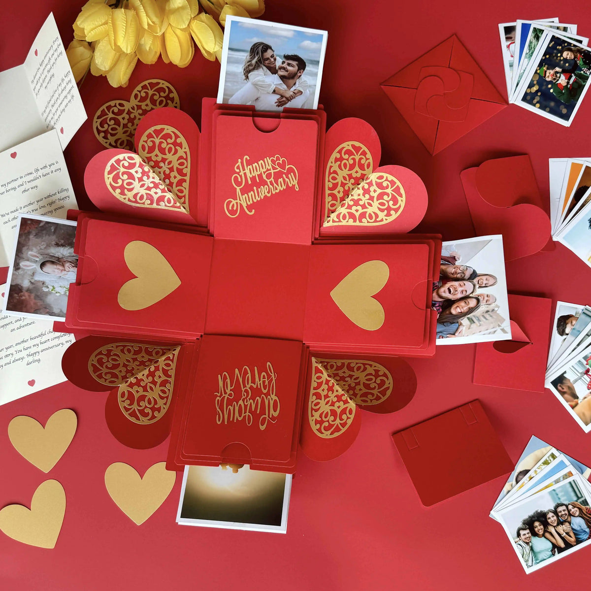 Top view of red anniversary explosion gift box before opening