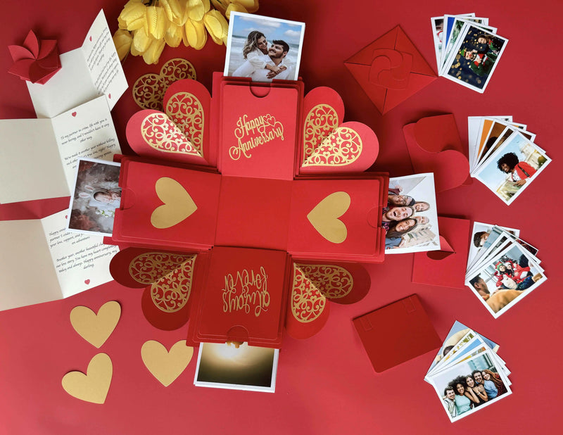 Top view of red anniversary explosion gift box before opening