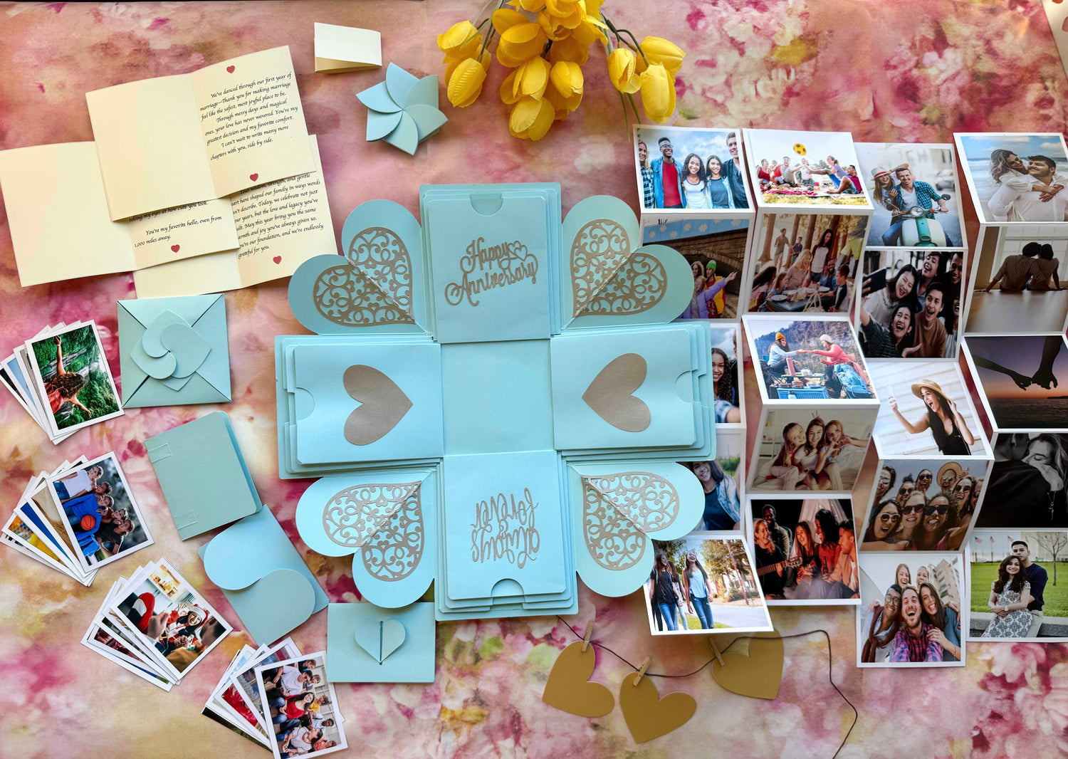 Blue Anniversary Explosion Gift Box – Mega Surprise edition with multiple pull-out albums, personalized photo pockets, message cards, and layered compartments beautifully arranged for a grand unboxing experience.