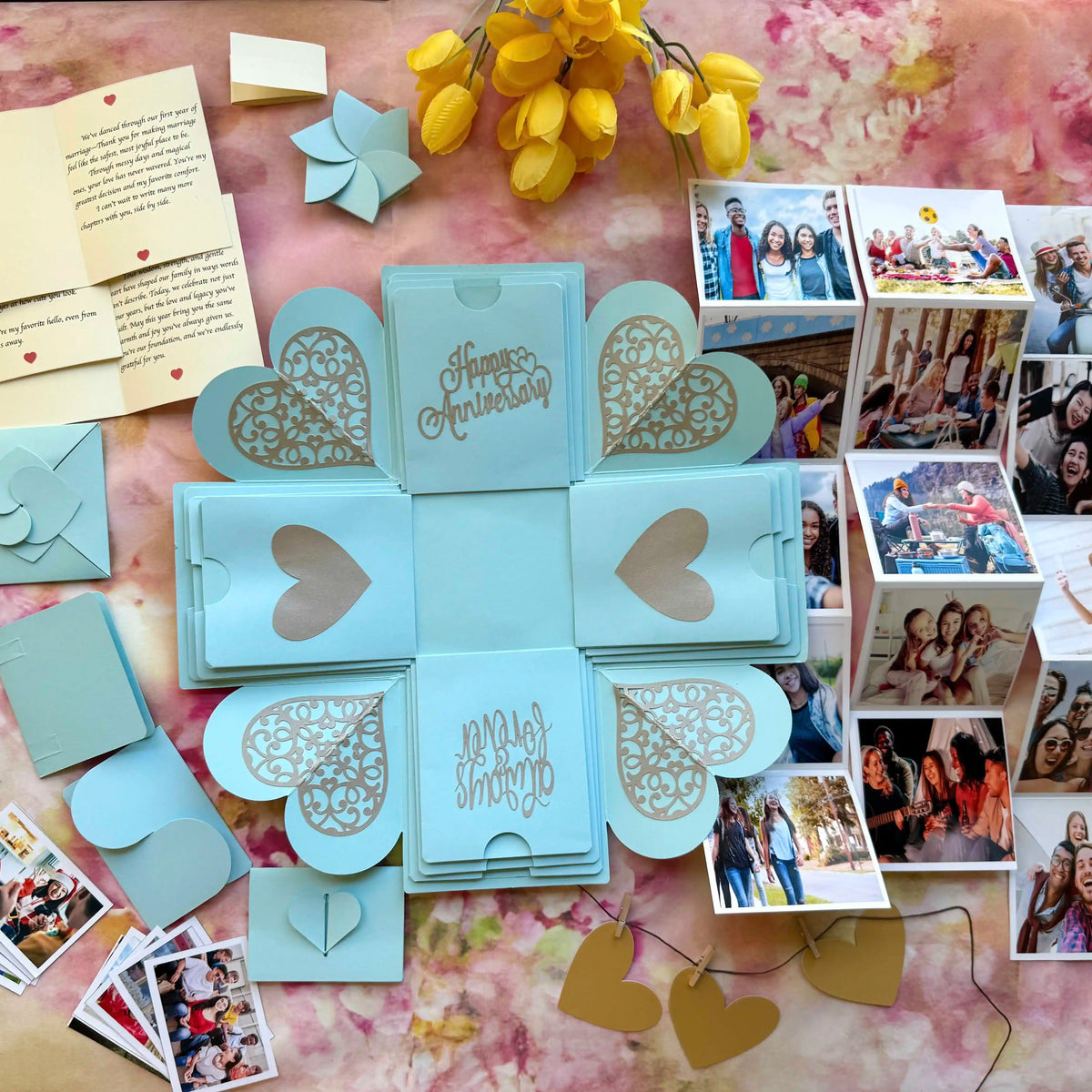 Top view of blue explosion gift box before opening, anniversary gift setup