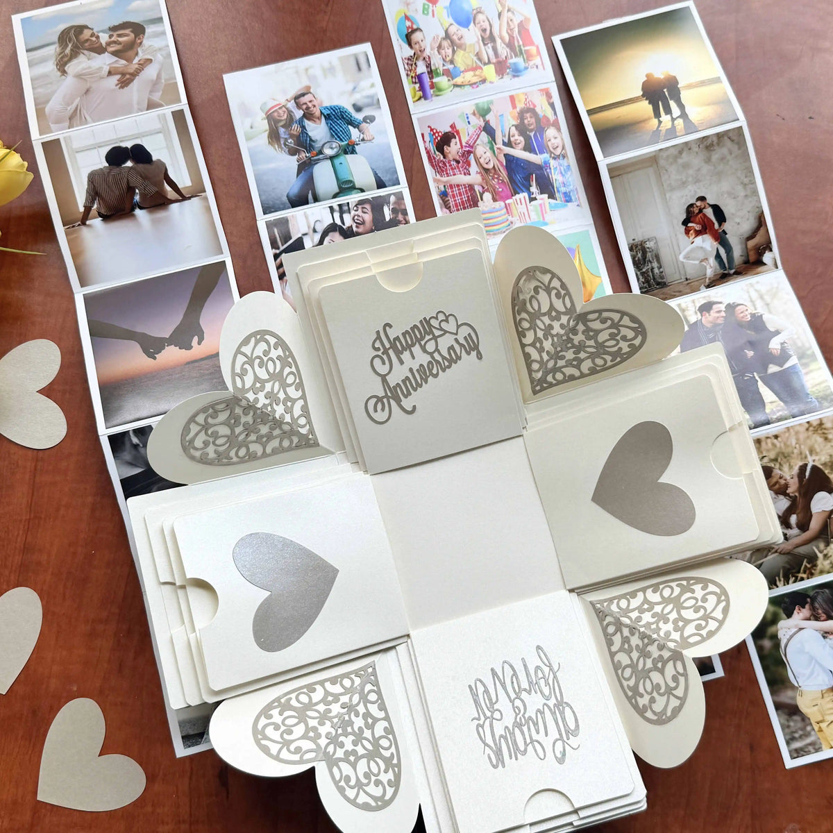 Close-up shot of white explosion gift box highlighting personalized message cards