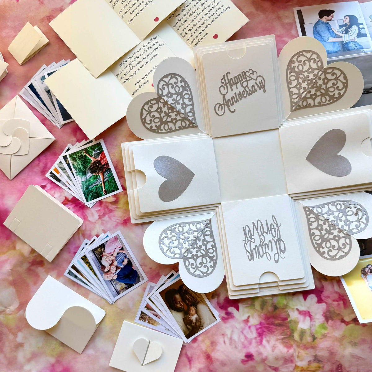 Top view of white explosion gift box before opening, anniversary presentation