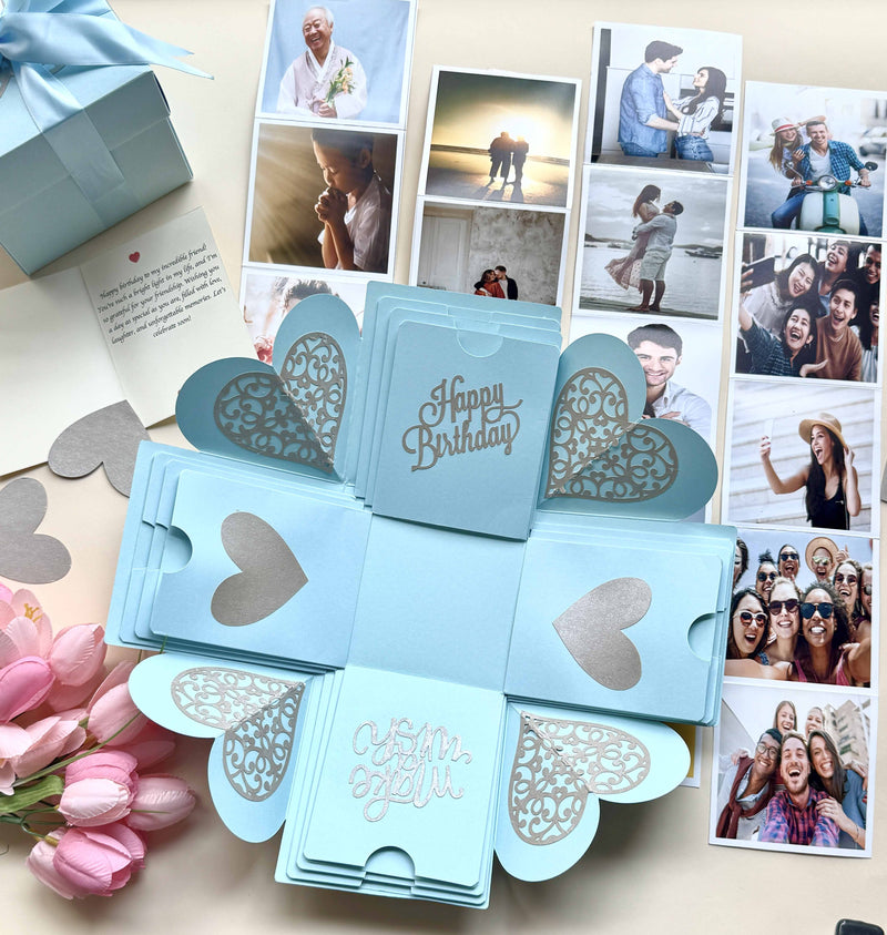 Explosion gift box for birthdays with customized photo albums. Product photo with album highlighted. 