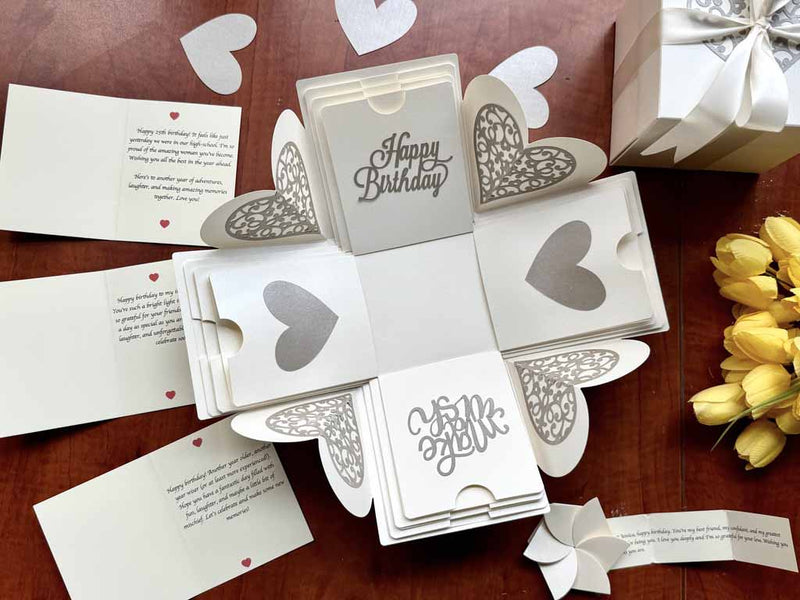 Explosion gift box for birthdays with customized messages and wishes - product catalog photo with contents displayed out
