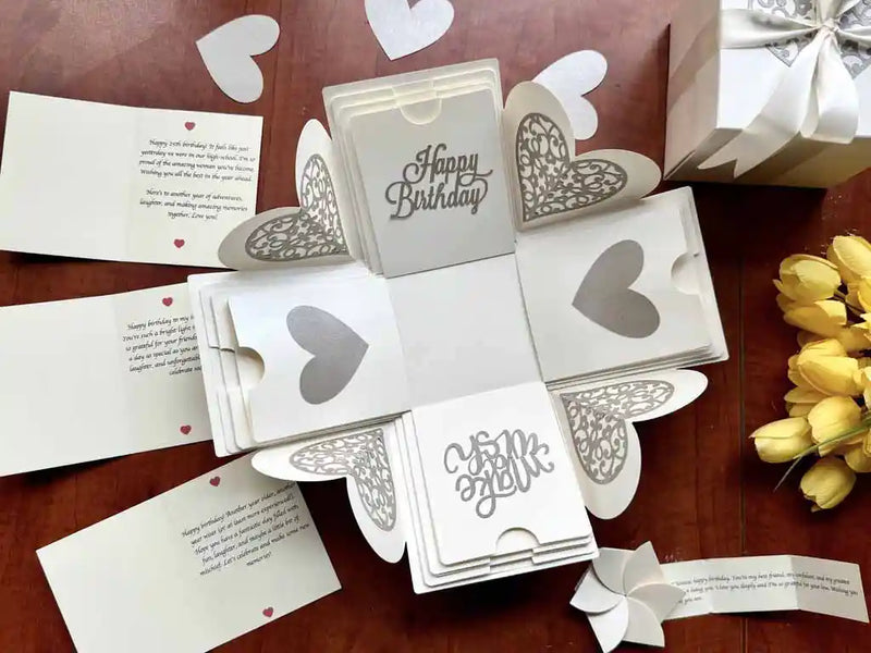 white explosion gift box with customized messages