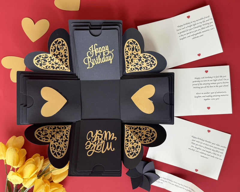 Black and gold Mother's Day explosion box showcasing a messages and wishes
