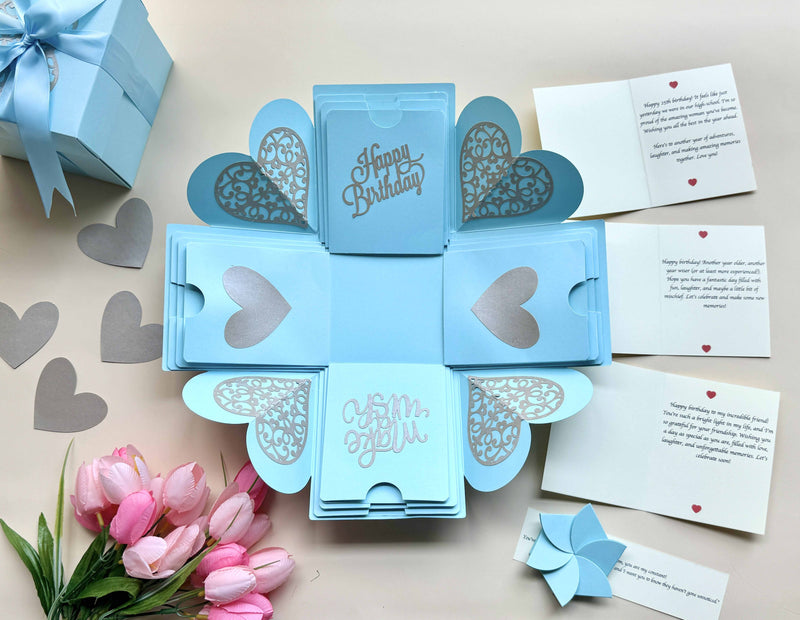 Explosion gift box for birthdays - blue color - personalized wishes and messages - with full product contents displayed 