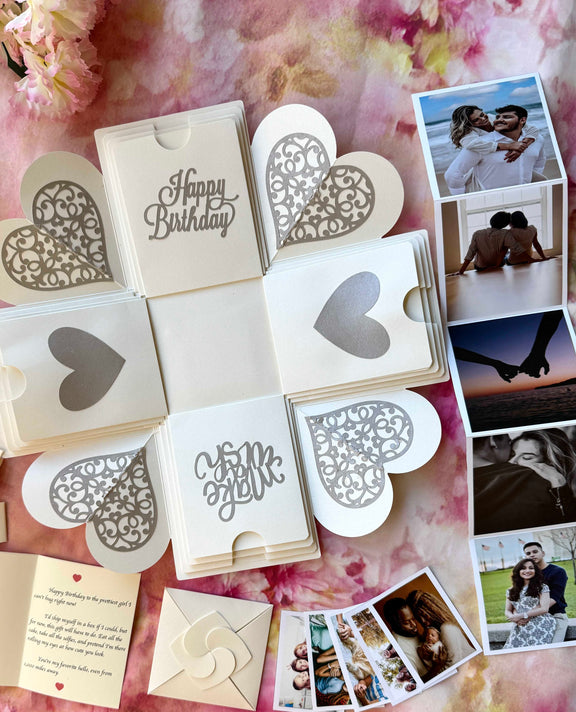 Blue Anniversary Explosion Gift Box – Mini Surprise with elegant layered design, personalized photos, and love notes for a simple yet thoughtful anniversary gesture.