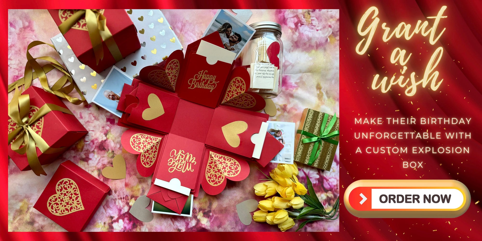 Birthday gift set with red boxes, ribbons, and a candle on a pink floral background with 'Grant a wish' text.