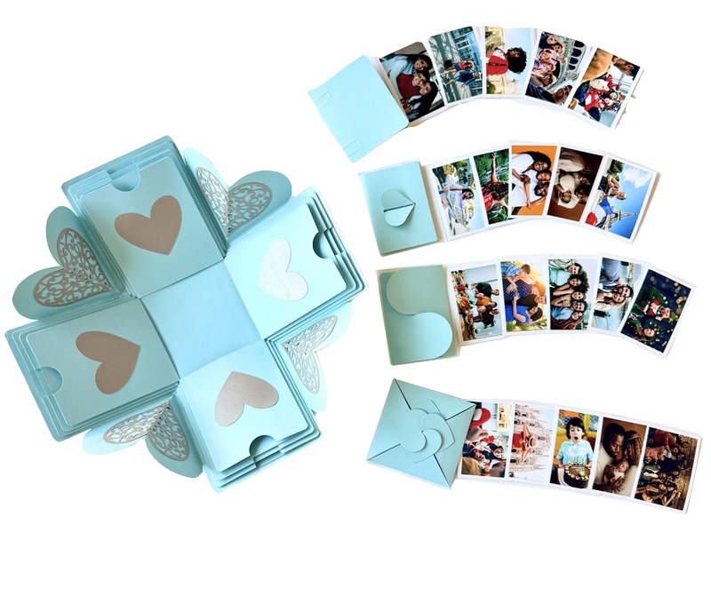 Exploding gift box with personalized photo album for men and women - Blue Photo Box - Side angle 
