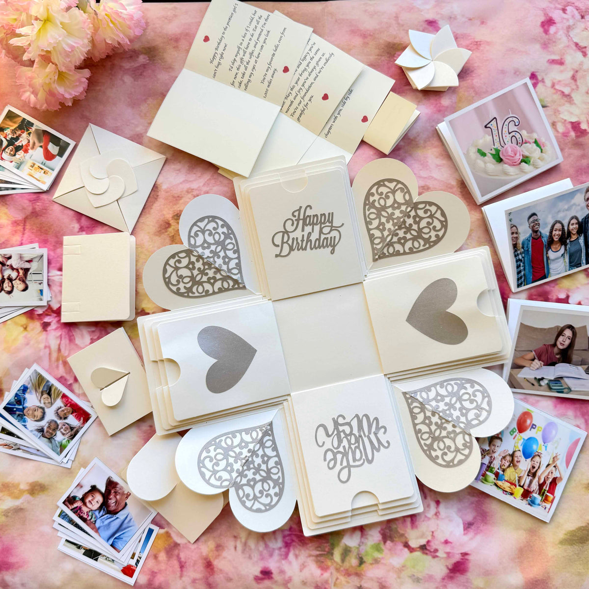 Handcrafted Blue Anniversary Explosion Box – Mega Surprise gift featuring multiple unfolding layers, photo slots, and heartfelt anniversary messages designed to wow your partner.