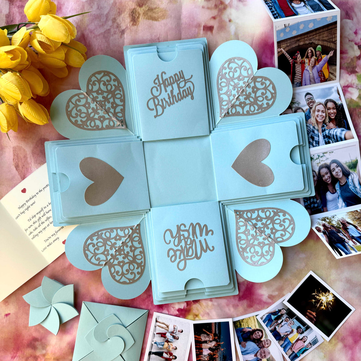 Blue Birthday Explosion Gift Box – Mini Surprise featuring delicate folds, custom photos, and sweet love messages in a soft romantic design.
