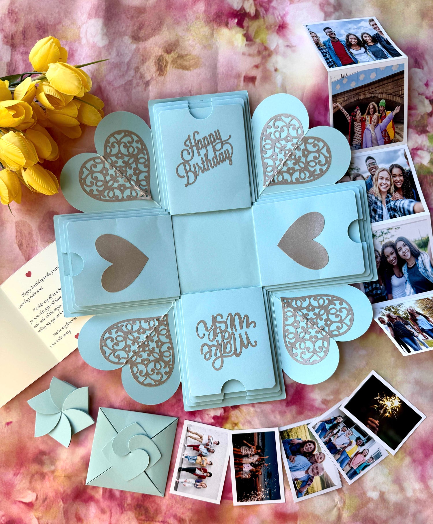 Blue Birthday Explosion Gift Box – Mini Surprise featuring delicate folds, custom photos, and sweet love messages in a soft romantic design.
