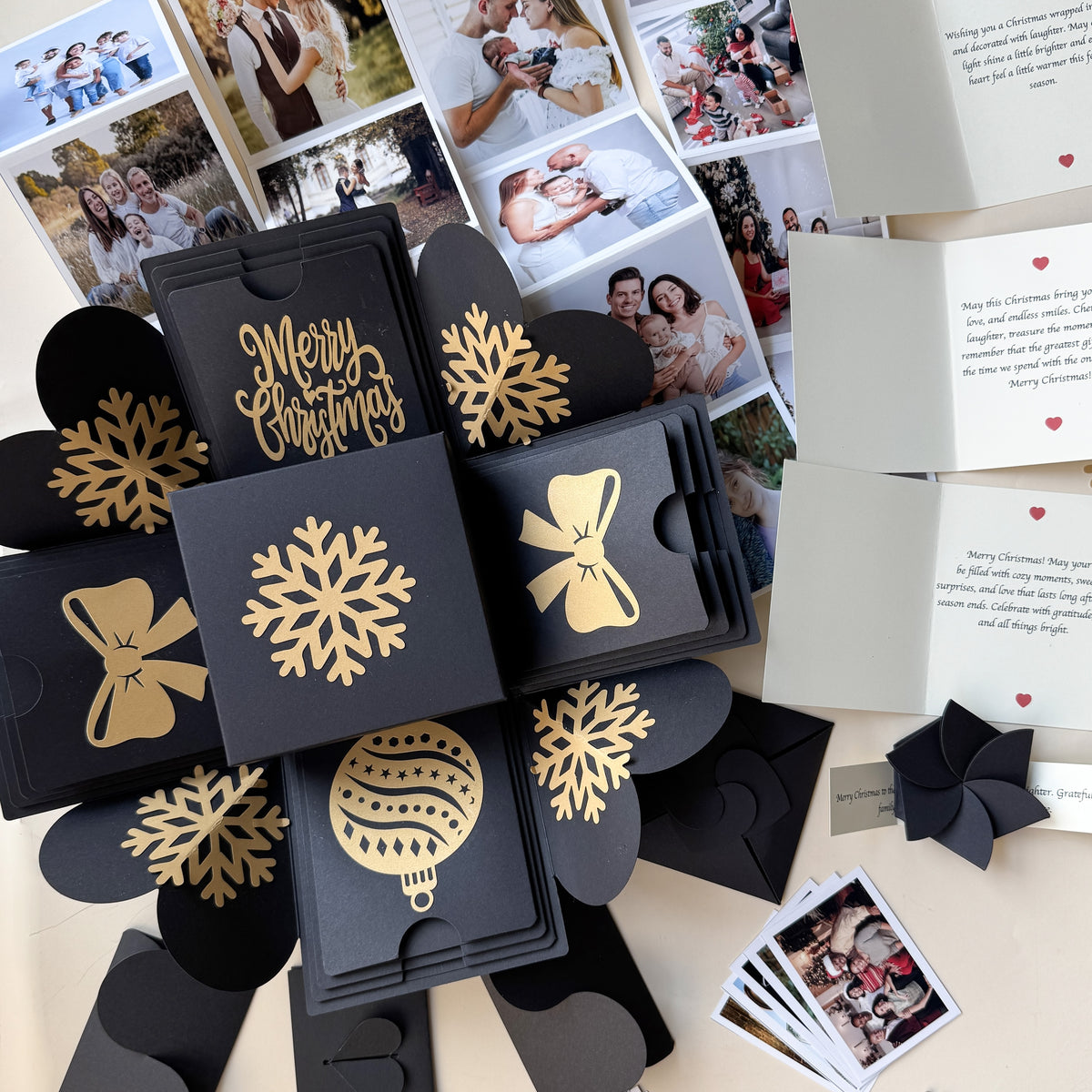 Top-view hero image of blue Christmas explosion gift box with closed lid.