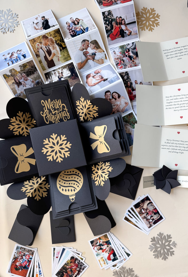 Top-view hero image of blue Christmas explosion gift box with closed lid.