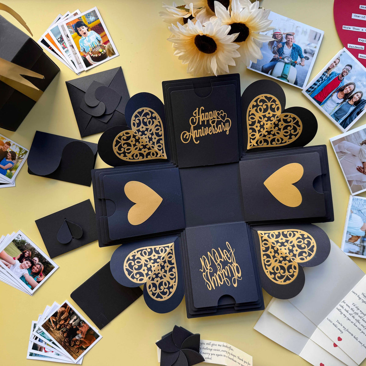 Black and Gold Anniversary Explosion Gift Box – Mega Surprise edition with photo pull-out albums, secret message layers, and luxurious gold detailing for a grand romantic celebration.