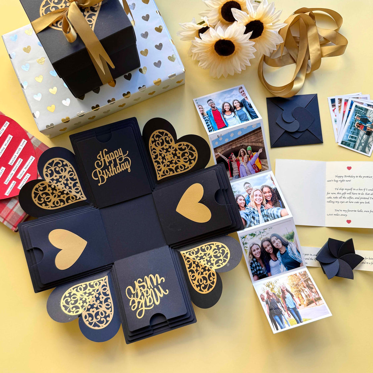 Black and Gold Birthday Explosion Gift Box – Mini Surprise with layered folds, custom photos, and celebratory birthday messages in a classy black-gold design.