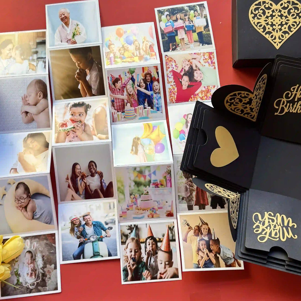 Black gold birthday explosion gift box opened with personalized message cards