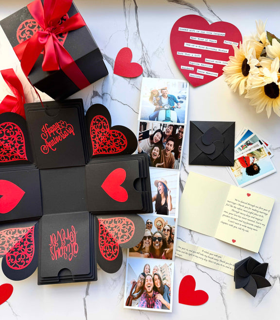 Black and Red Anniversary Explosion Gift Box – Mega Surprise edition with multiple photo pull-out albums, secret message layers, and bold romantic design for a dramatic reveal.