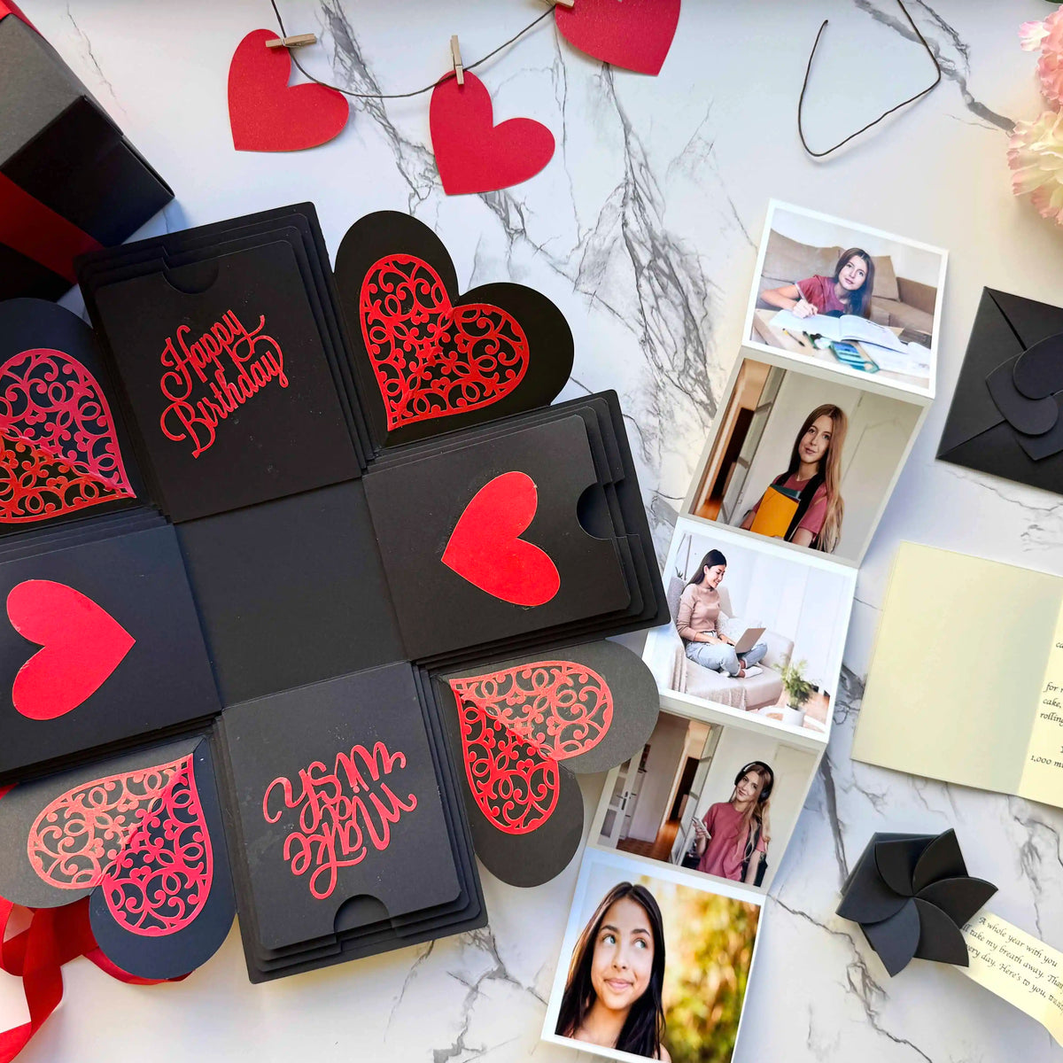 Black red birthday explosion gift box with messages and photos - mini surprise bundle