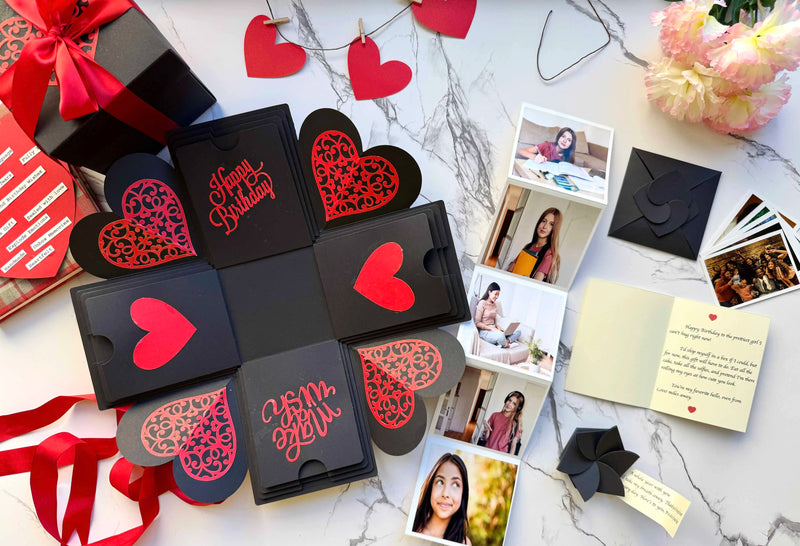 Black red birthday explosion gift box with messages and photos - mini surprise bundle