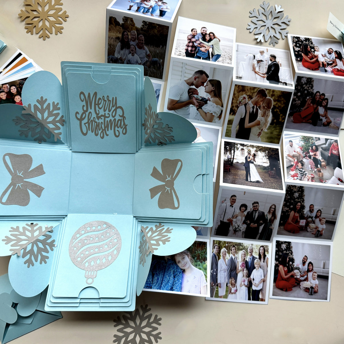 Top-view hero image of blue Christmas explosion gift box with closed lid.