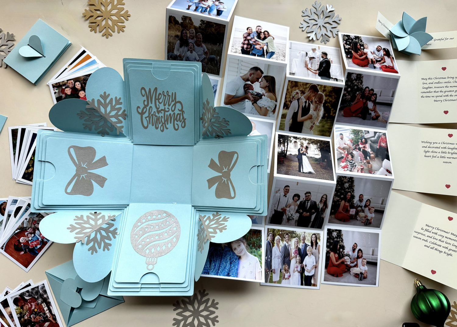 Top-view hero image of blue Christmas explosion gift box with closed lid.