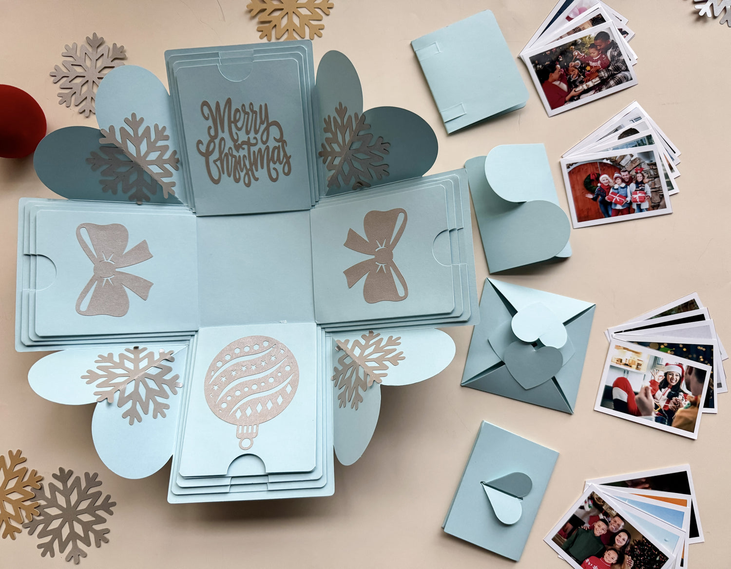 Angled shot of blue Christmas explosion gift box in the mini surprise version.