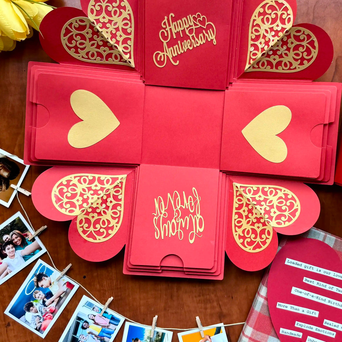 Red explosion gift box opened to reveal photos and message panels