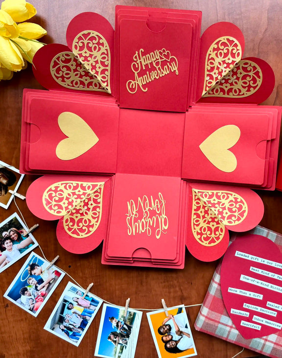 Red explosion gift box opened to reveal photos and message panels