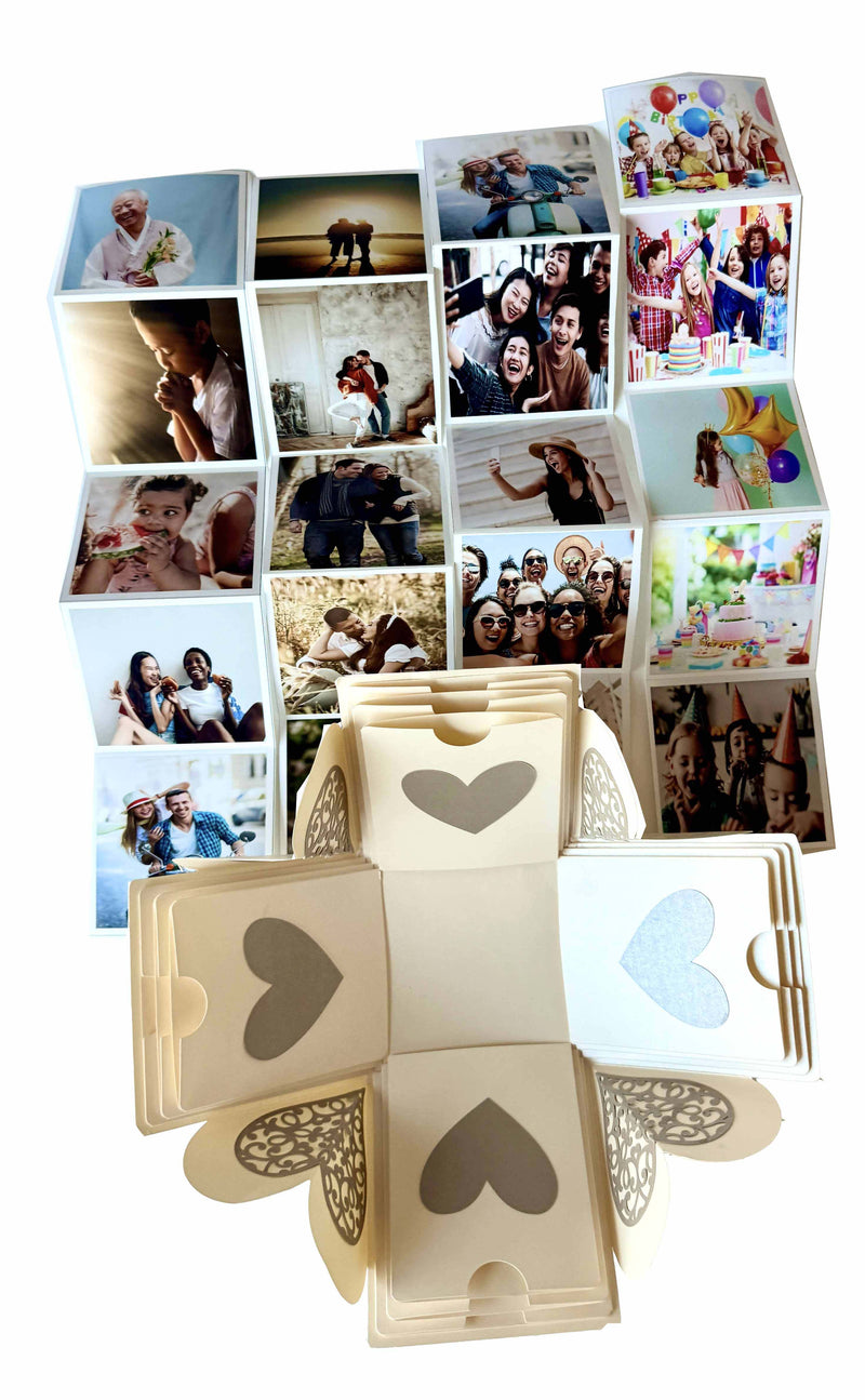 Personalized photo album inside a photo explosion gift box - white color - top view
