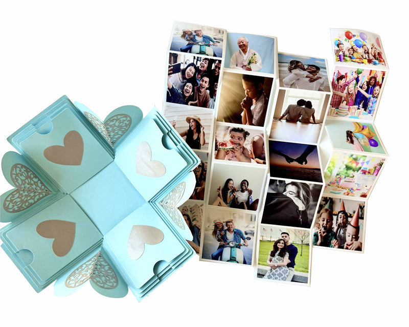Exploding Gift box with personalized photo album - Blue Photo Box - full view 