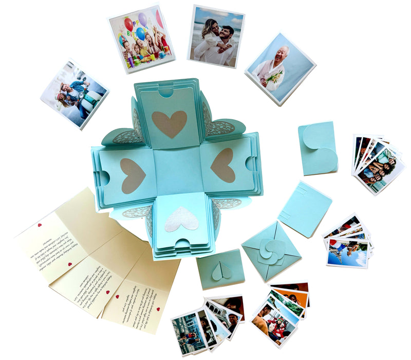 Explosion gift box with customized photo album for men and women - Blue photo box - Full view 