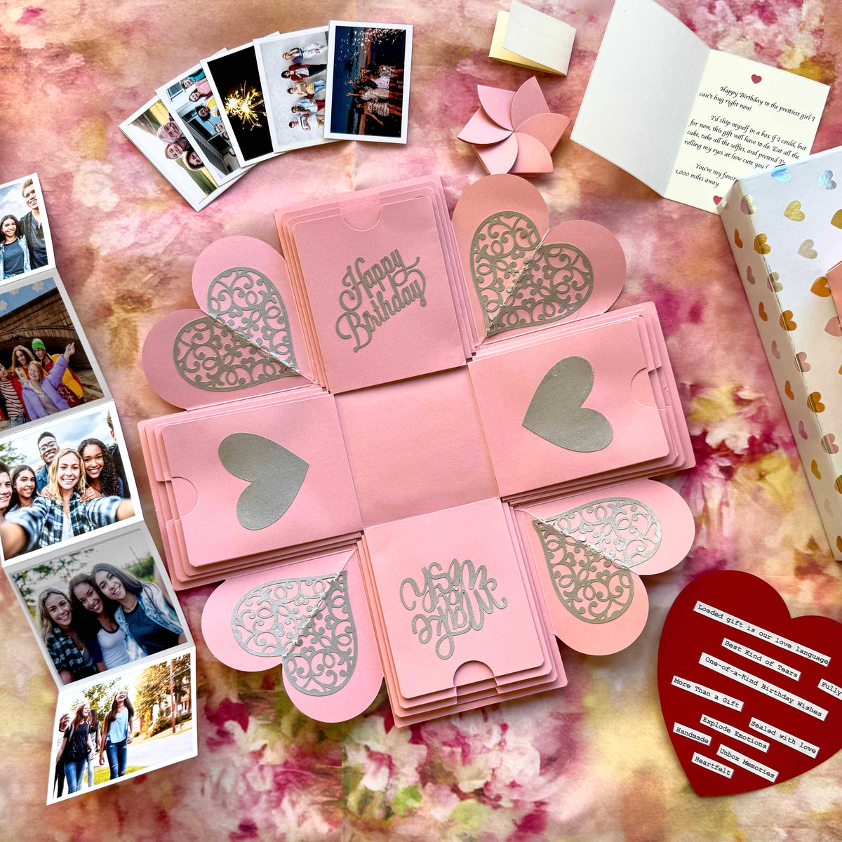 Pink Birthday Explosion Gift Box – Mini Surprise version featuring a compact layered design with custom photos and sweet birthday notes for a heartfelt gift.