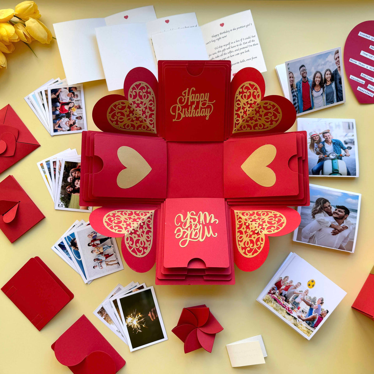 Red and Gold Birthday Explosion Gift Box – Mega Surprise edition with multiple photo pull-out albums, secret message layers, and a luxurious red-gold theme for a grand birthday reveal. 