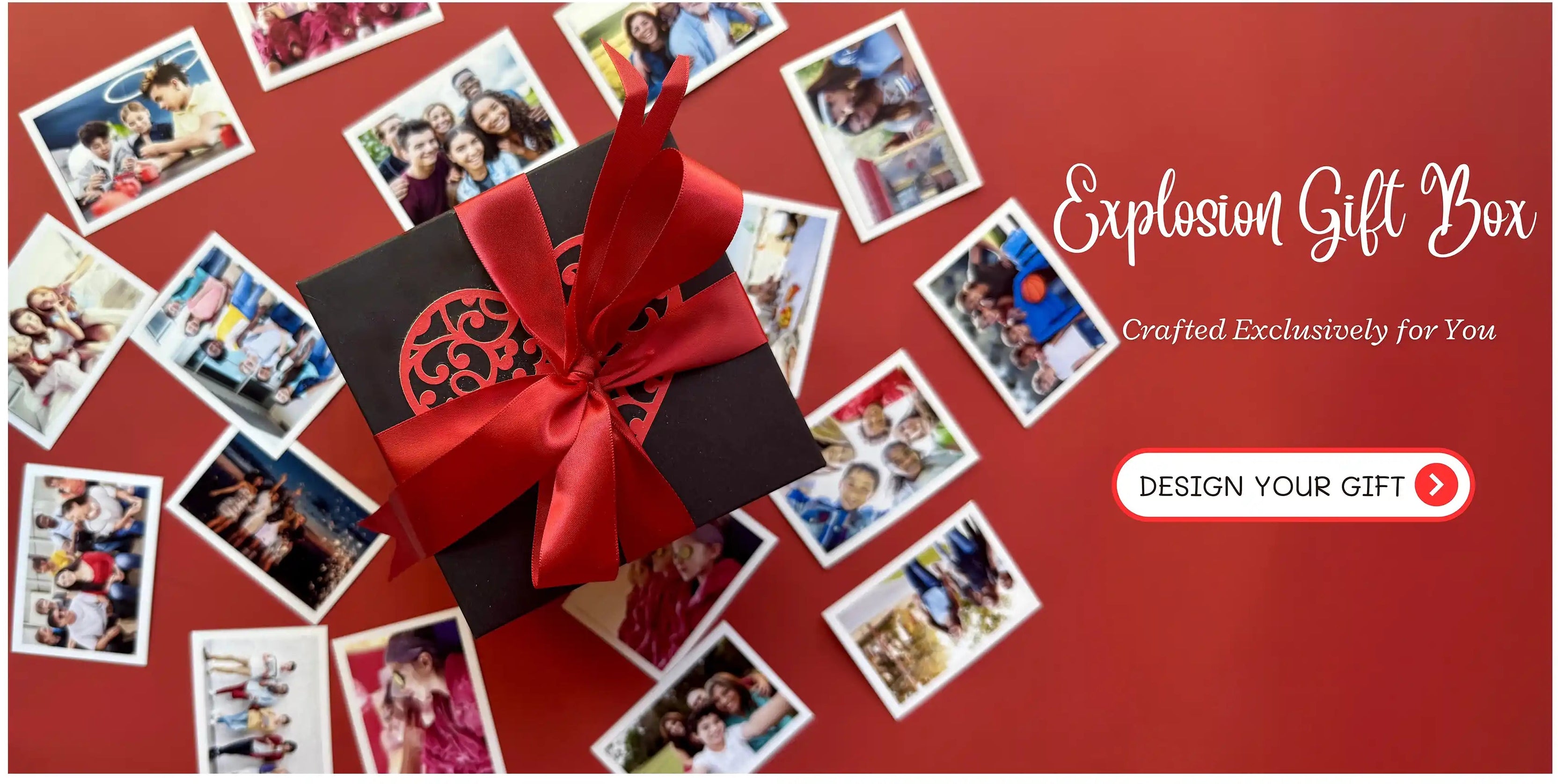Gift box with a red ribbon on a red background with personalized photos, indicating a customizable gift option.