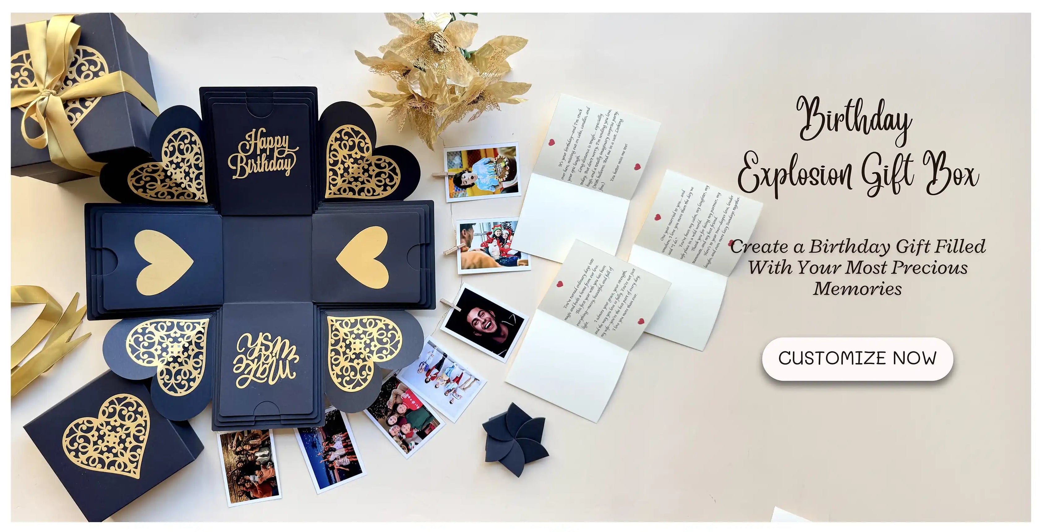 Birthday explosion gift box with heart designs and photos on a white background