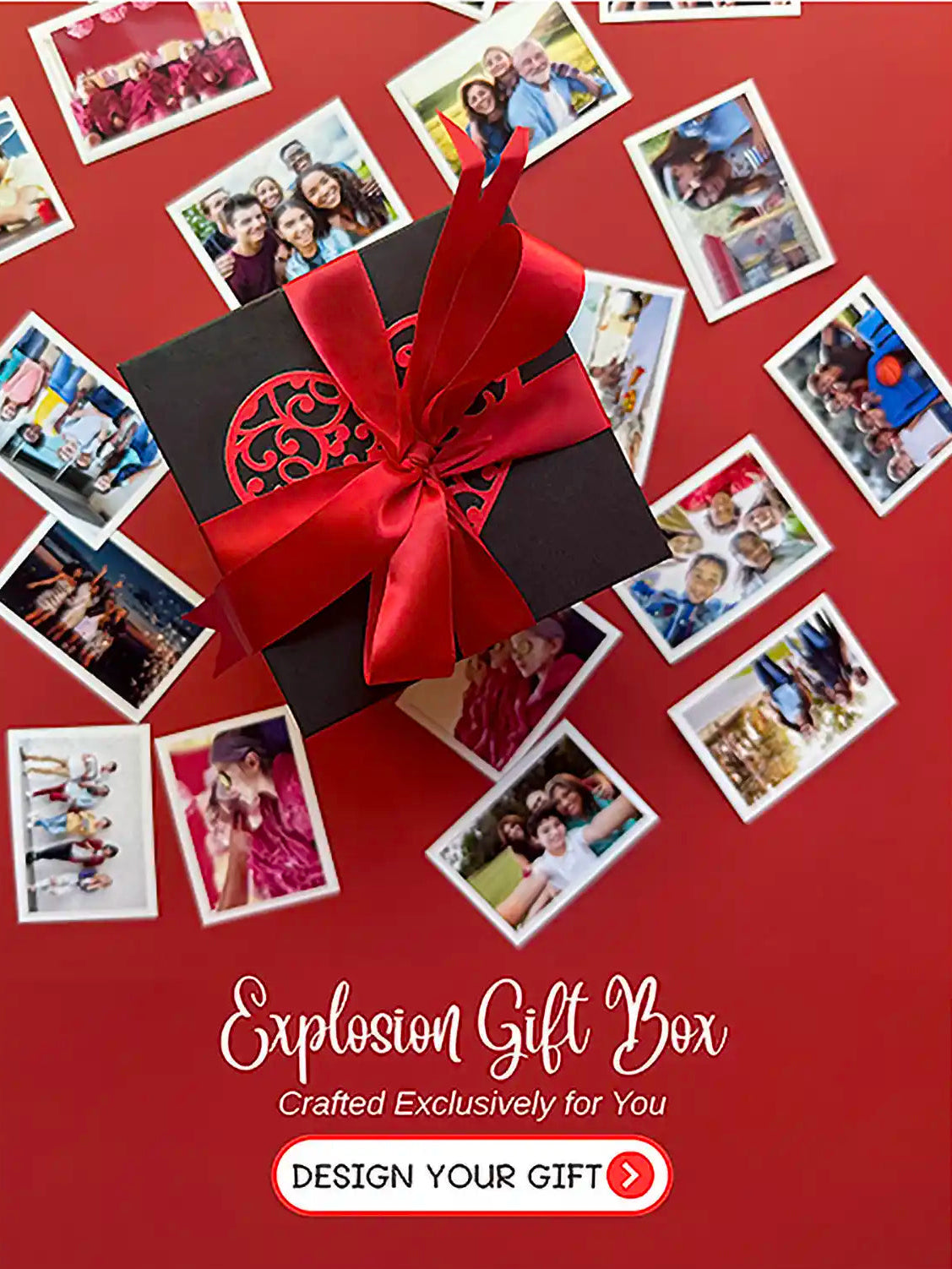 Gift box with a red ribbon surrounded by photos on a red background