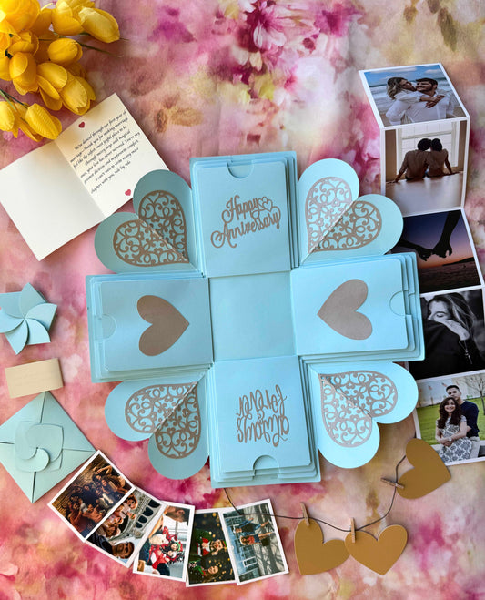 Blue Anniversary Explosion Gift Box – a handcrafted keepsake with elegant blue and gold accents, featuring folded layers that open to reveal photos and heartfelt anniversary messages.