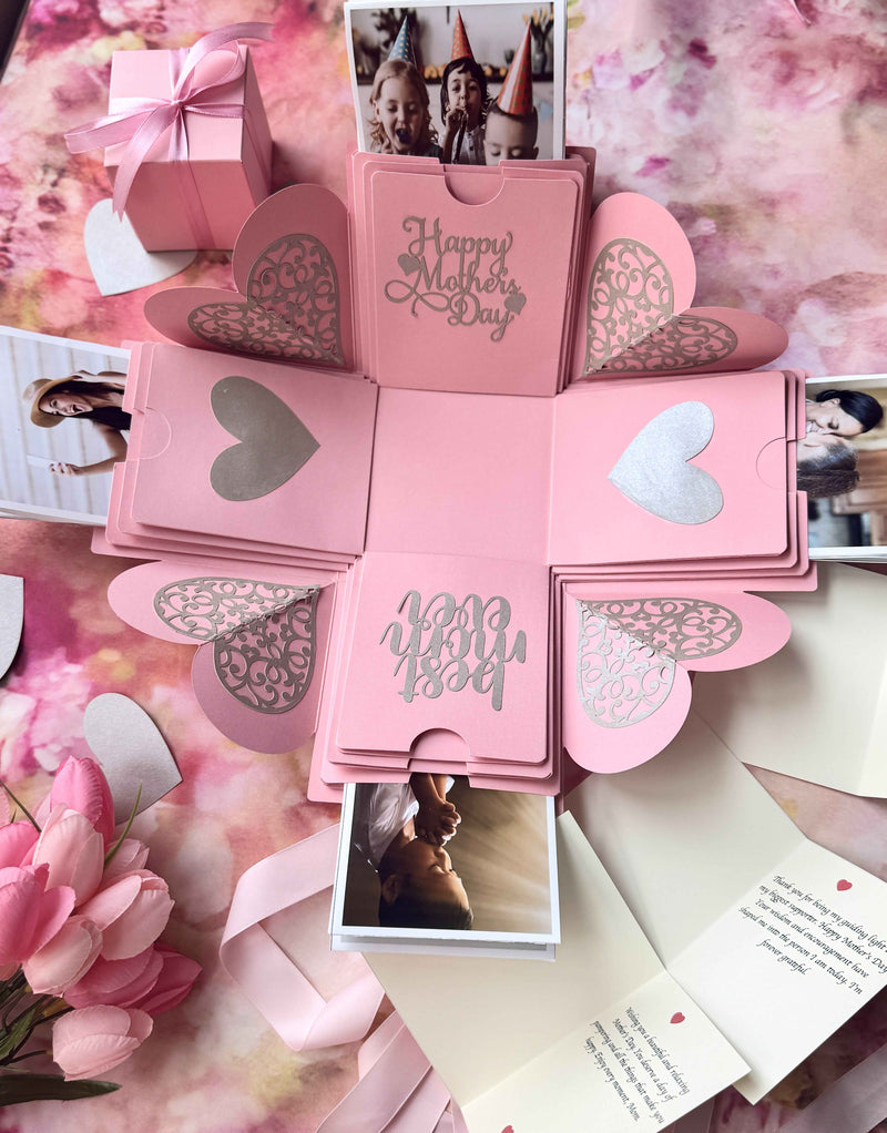 Pink Mother's Day explosion box featuring a message layer, customized photos. - Full view