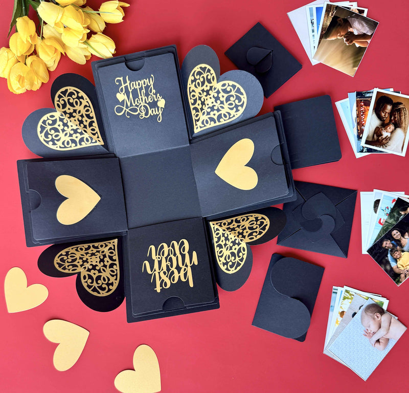 Black and gold Mother's Day explosion box displaying customized photos and folded pockets
