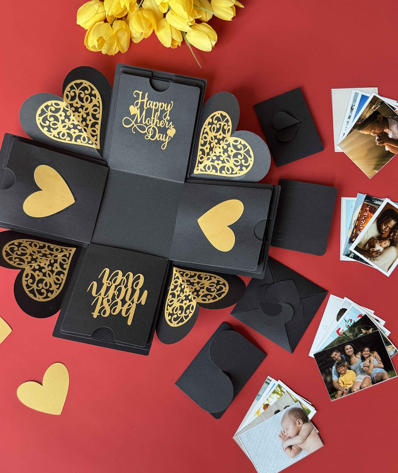Mother's Day Explosion Gift Box - Black color with wallet-size photos displayed 
